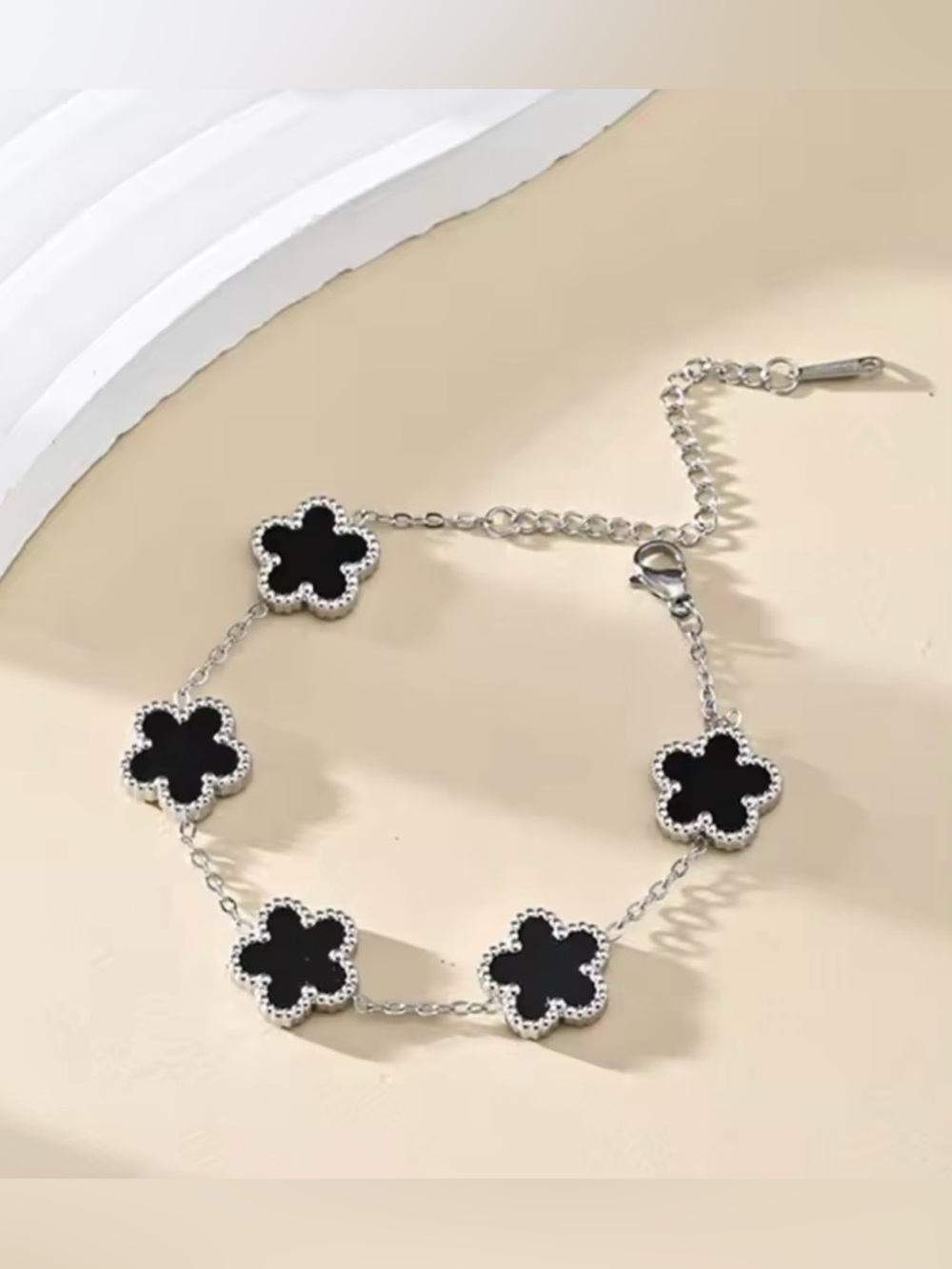 Silver Chain Bracelet with Black Clover Charms
